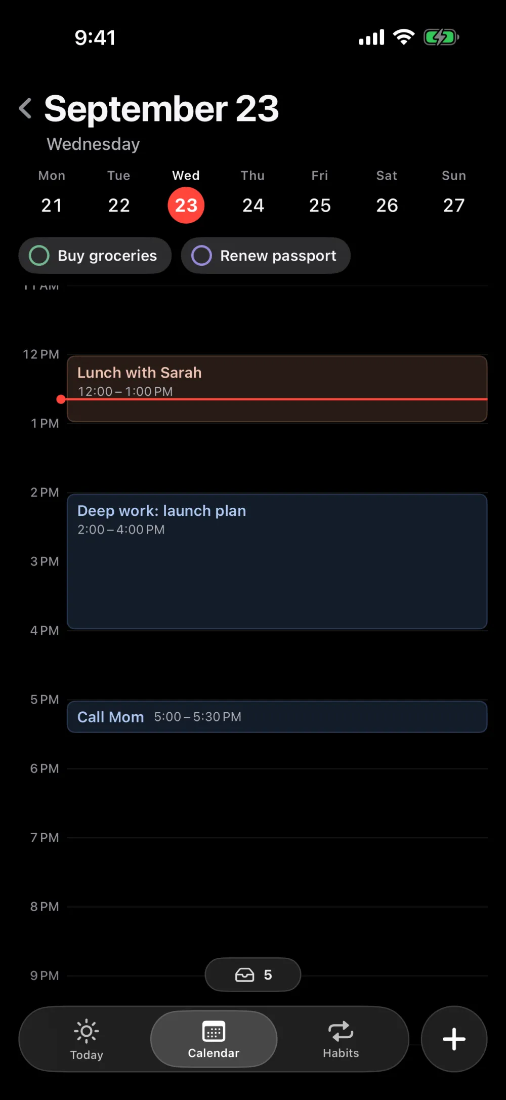 TMRW's calendar on iPhone: lunch at noon, a two-hour deep work block at 2 PM and a call at 5 PM, with two unscheduled tasks above the hour grid.